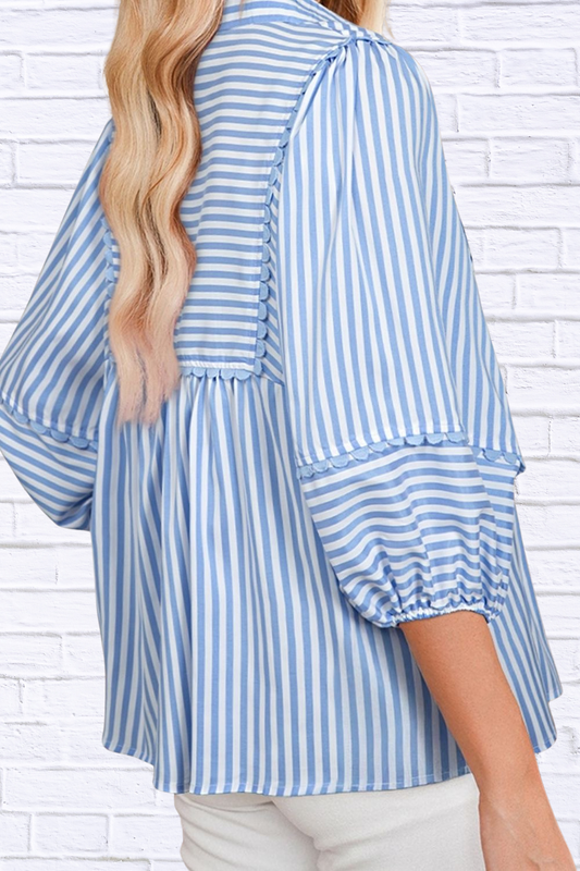 Striped Notched 3/4 Sleeve Blouse