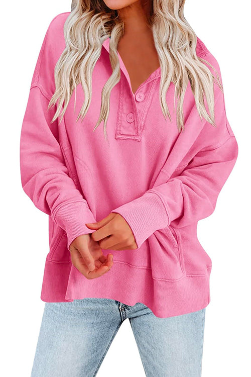 Stand Collar Button Up Pocketed Casual Sweatshirt Pink
