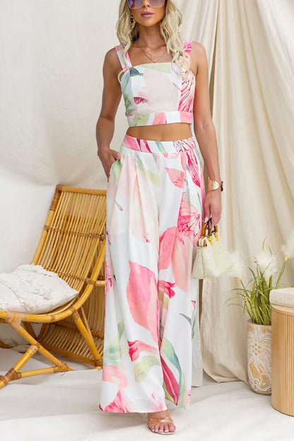 Sleeveless Crop Top High Rise Wide Leg Pants Printed Set