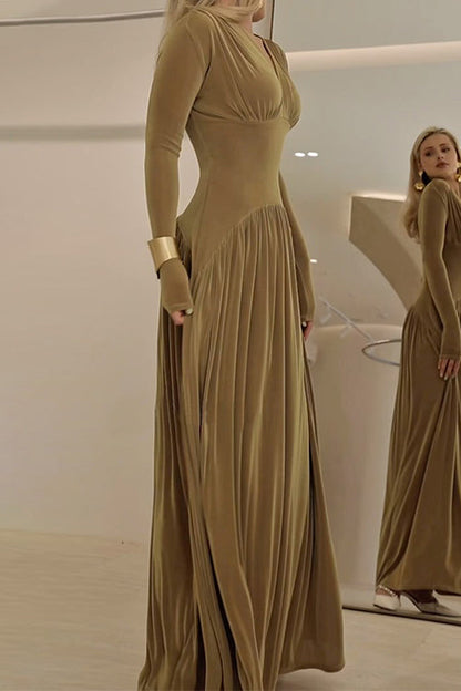 V Neck Long Sleeves Waisted Velvet Maxi Dress