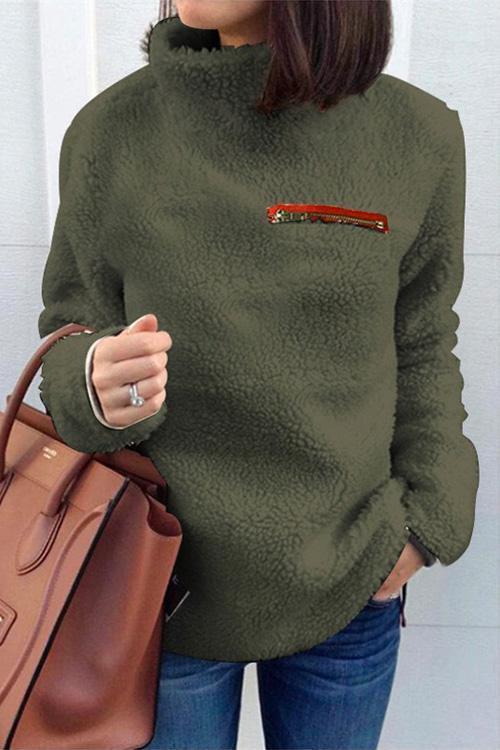 Rosiedress Turtleneck Long Sleeve Zip Fuzzy Pullovers ArmyGreen