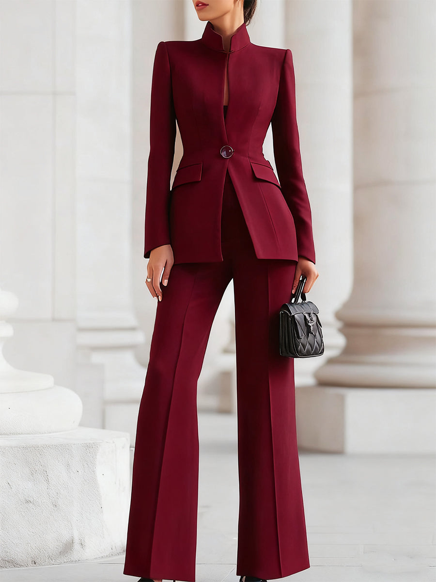 Sophisticated  High-Collar Blazer & Wide-Leg Trousers Set