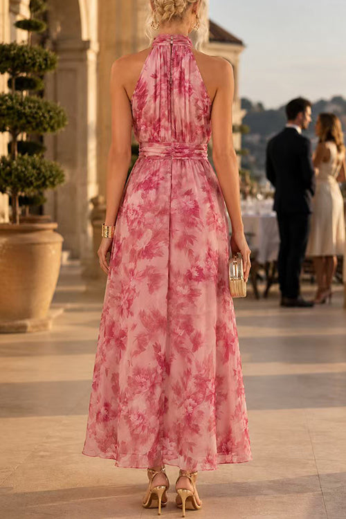 Sleeveless Zipper Back Waisted Floral Print Maxi Dress