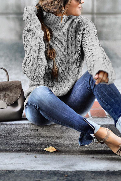 Mockneck Solid Cable Knit Pullover Sweater Gray