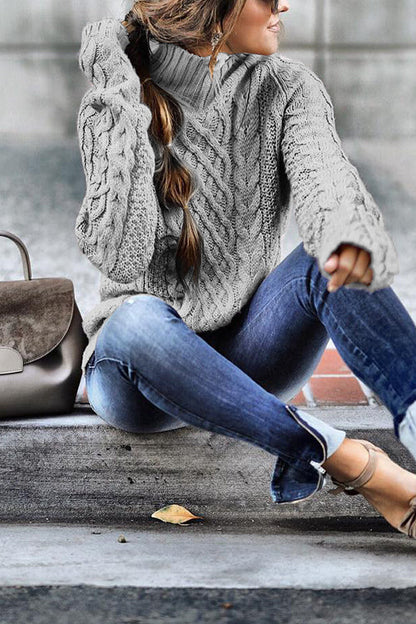Mockneck Solid Cable Knit Pullover Sweater Gray
