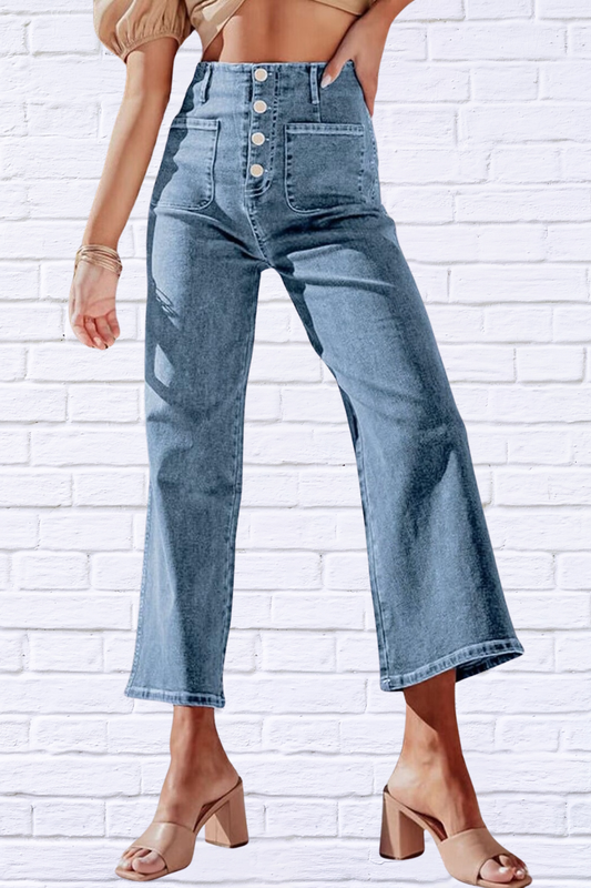 Button Fly Cropped Wide Leg Jeans