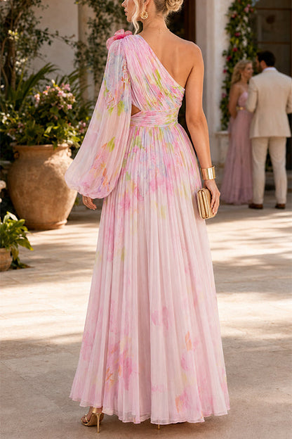 One Shoulder Puff Long Sleeve Cut Out Waist Printed Maxi Dress
