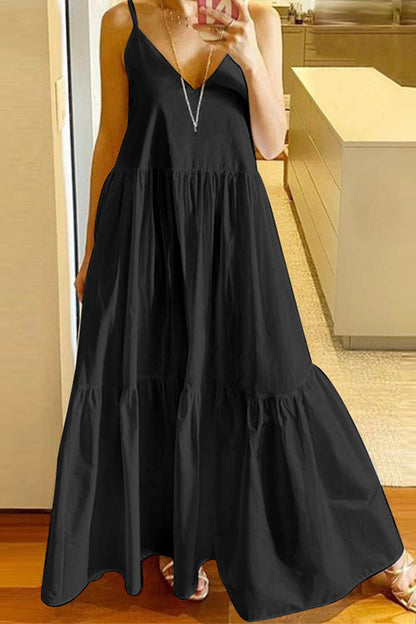 V Neck Ruffle Tiered Swing Maxi Cami Dress Black