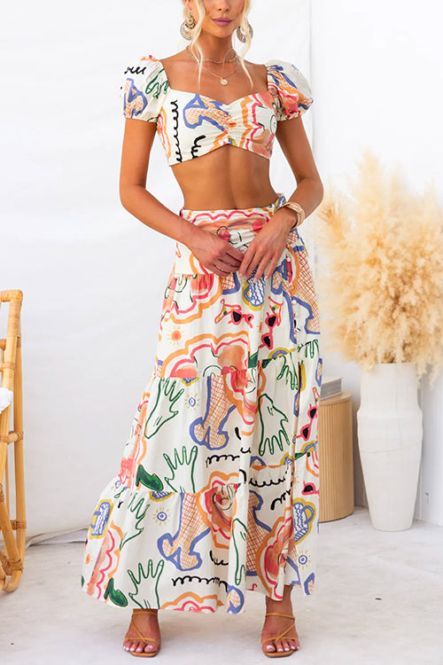 Abstract Print Short Sleeves Crop Top and Slit Ruffle Maxi Skirt Set