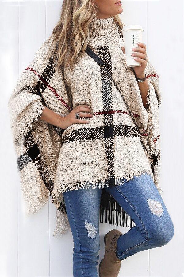 Rosiedress Soft Tassel Lattice Cloak Poncho Sweater Beige OneSize