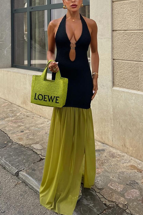 Rosiedress Neckholder-Maxikleid mit offenem Rücken, Cut-Out, Schlitz und Rüschen