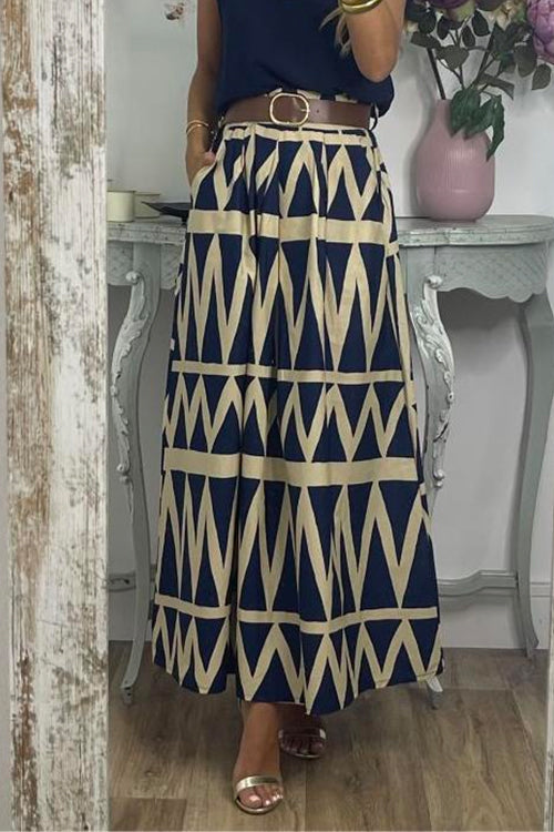 Rosiedress Pocketed Geometric Printed A-line Maxi Swing Skirt DarkBlue