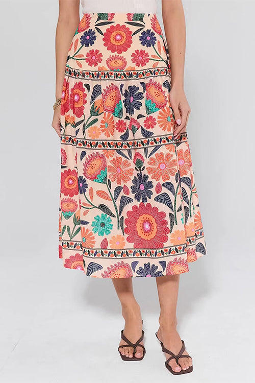 High Rise Floral Print Midi Skirt
