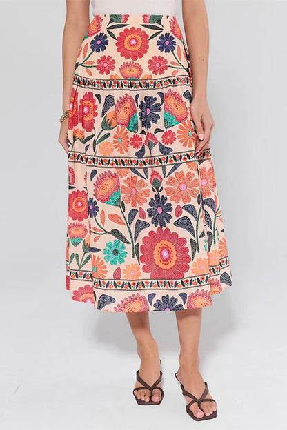 High Rise Floral Print Midi Skirt