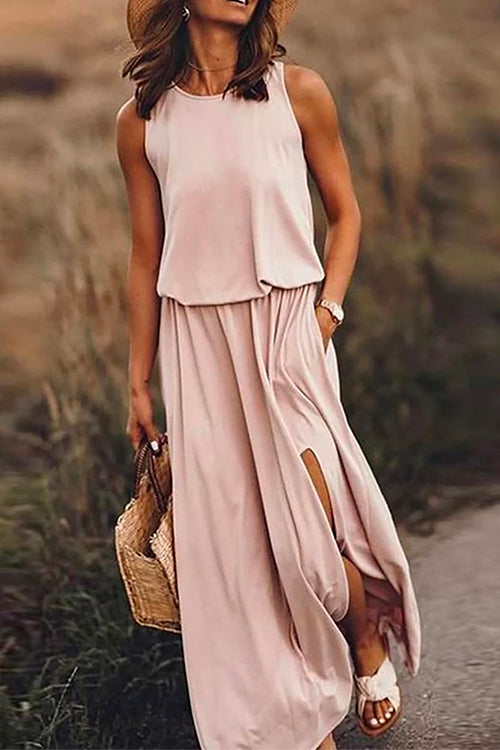 Sleeveless Waisted Slit Maxi Tank Dress Pink