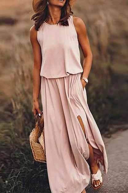 Sleeveless Waisted Slit Maxi Tank Dress Pink