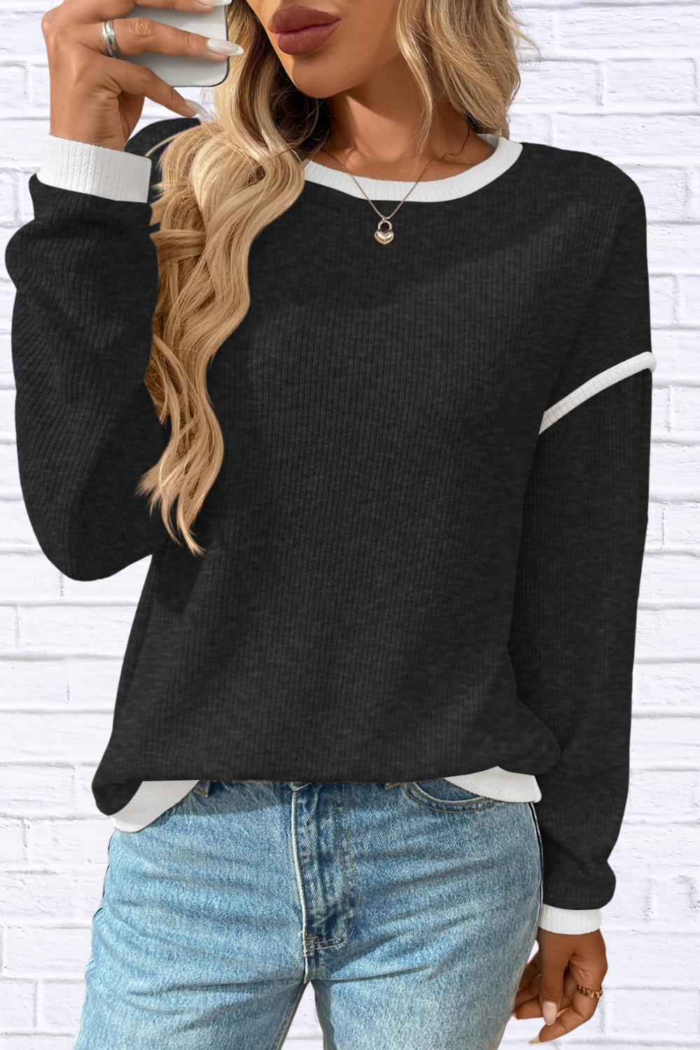 Ribbed Contrast Trim Long Sleeve Top