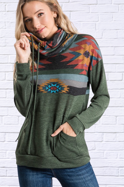 Diva USA Amanda Aztec Turtle Neck Top - Aztec Print Olive