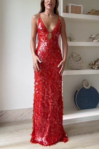 V Neck Cut Out Sequin Bodycon Maxi Cami Party Dress