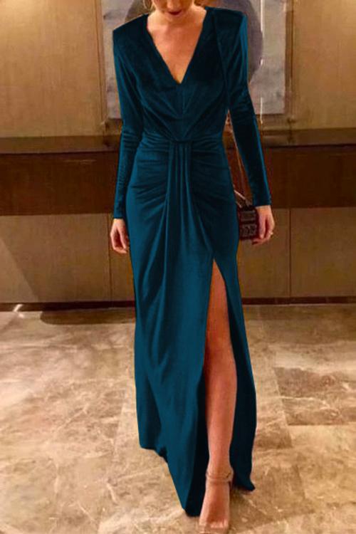 Deep V Neck Slit Ruched Velvet Party Dress(5 Colors Available) DarkBlue