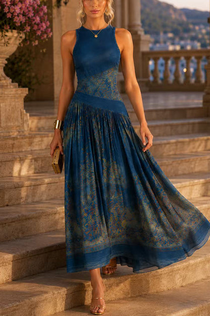 Crewneck Sleeveless Printed Flowy Maxi Dress