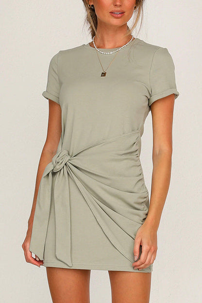 Short Sleeve Knot Waist Solid T-shirt Dress Matcha