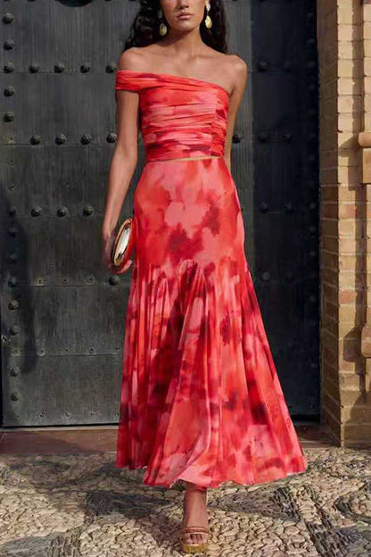 Off Shoulder Ruched Crop Top High Rise Maxi Skirt Printed Set