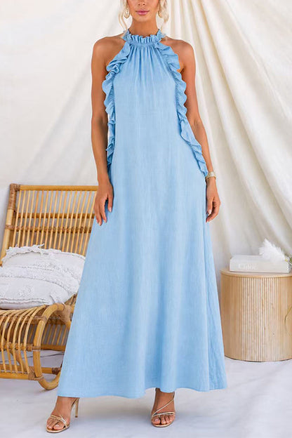 Sleeveless Linen Blend Ruffle Pocketed Maxi Dress