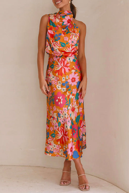 Rosiedress Tie Back Halter Sleeveless Waisted Maxi Floral Dress