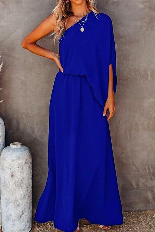One Shoulder Waisted Slit Maxi Dress Blue