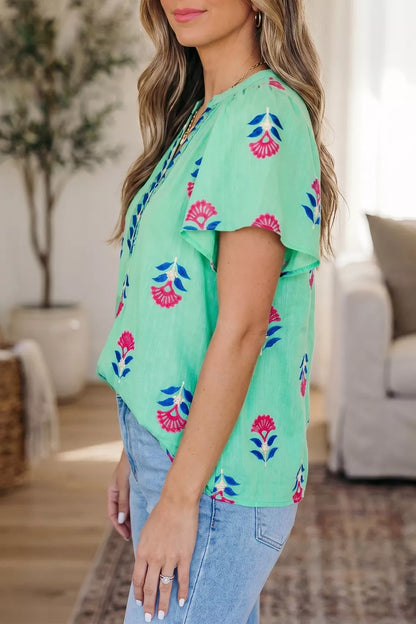 Floral V Neck Flutter Sleeve Blouse