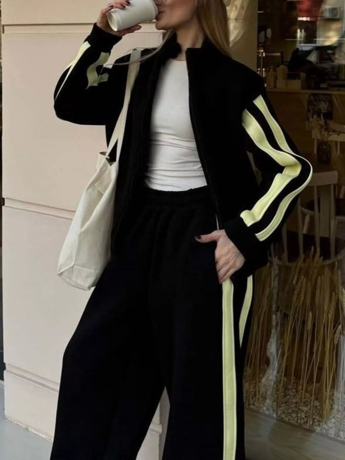 Contrast Striped Zip Up Top and Pants Set