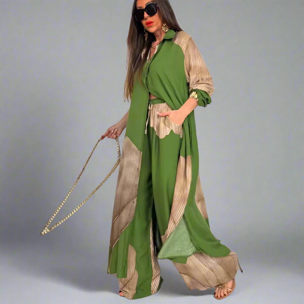 Ensemble deux pièces haut mi-long imprimé et pantalon large