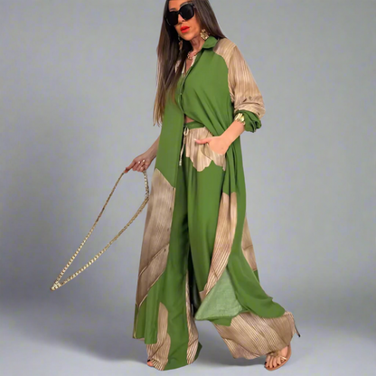 Ensemble deux pièces haut mi-long imprimé et pantalon large