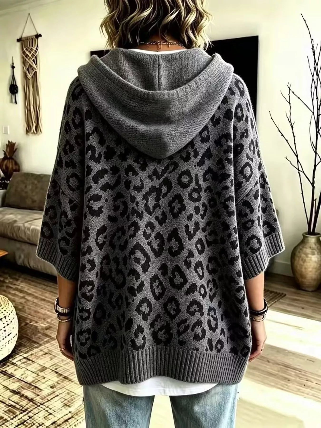Women's Leopard Print Drawstring Hooded Sweater