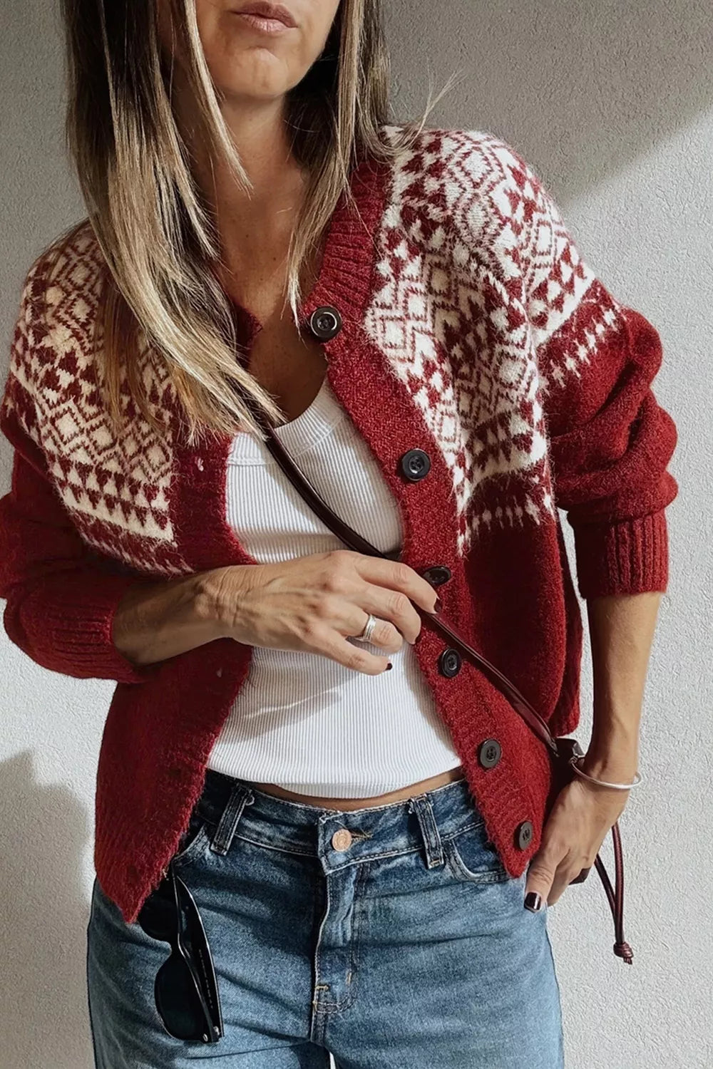 Geometric Print Button Front Long Sleeve Knitwear Cardigan