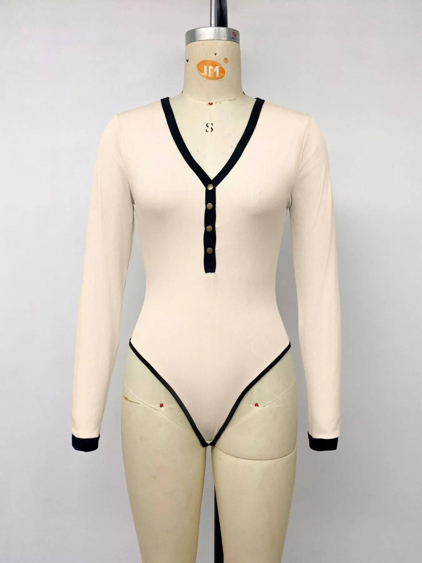 Ribbed V-Neck Long Sleeve Bodysuit with Contrast Trim