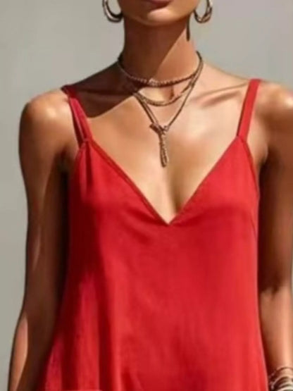Full Size Fringe Spaghetti Strap V-Neck Dress Plus Size