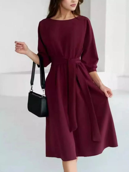 Elegant Belted Waist Midi Dress
