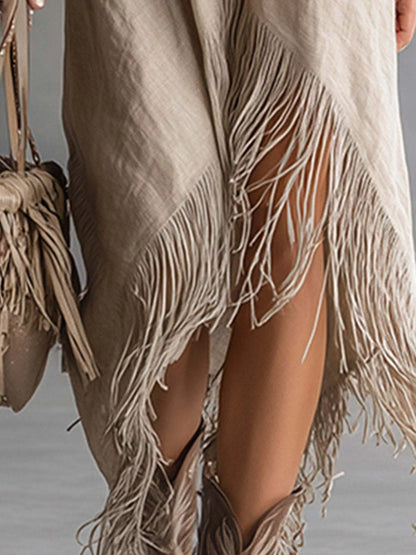 Fringe Hem Zip-Up Shirt Dress