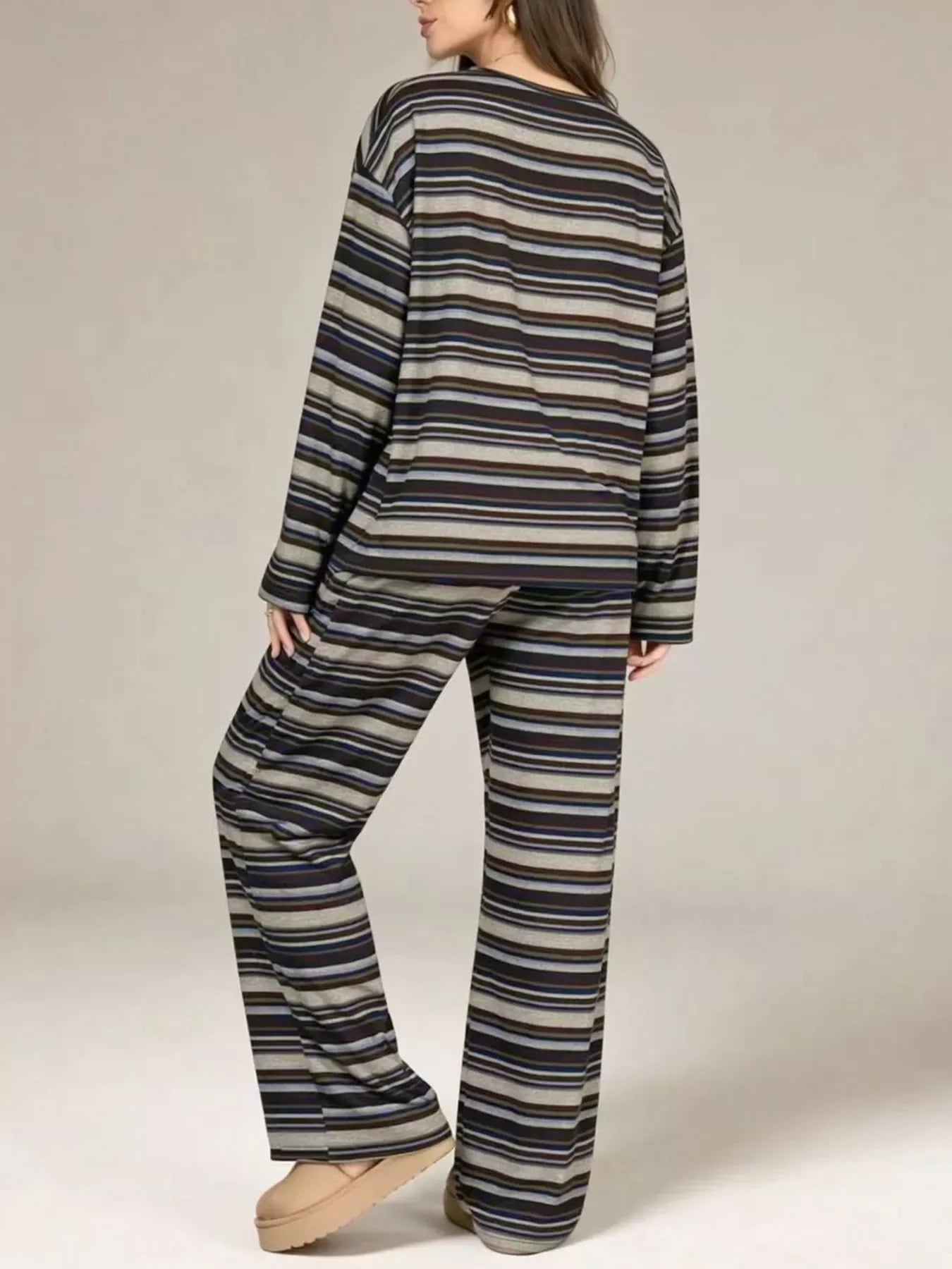 Striped Long-Sleeve Top and Wide-Leg Pants Set
