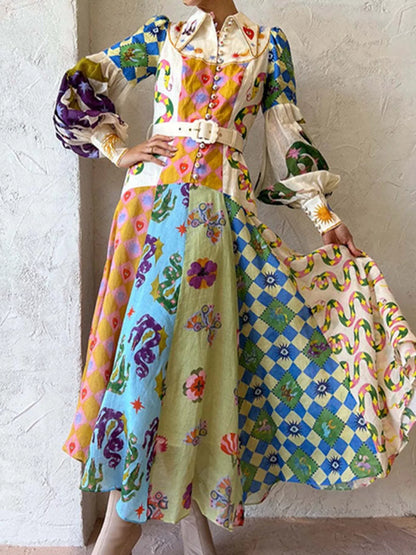 Full Size Printed Lantern Sleeve Maxi Dress Plus Size