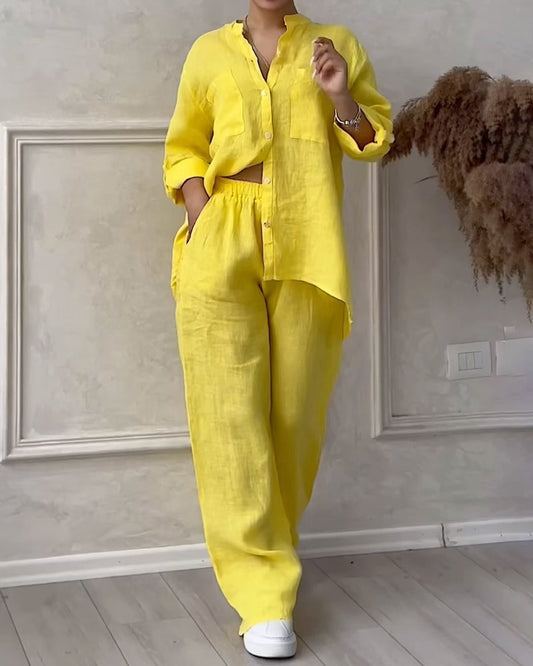 Solid Color Cotton Linen Long-sleeved Shirt & Lace-up Wide Leg Pants Two-piece Set