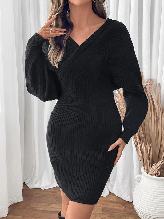 | Perfee Surplice Long Sleeve Sweater Dress