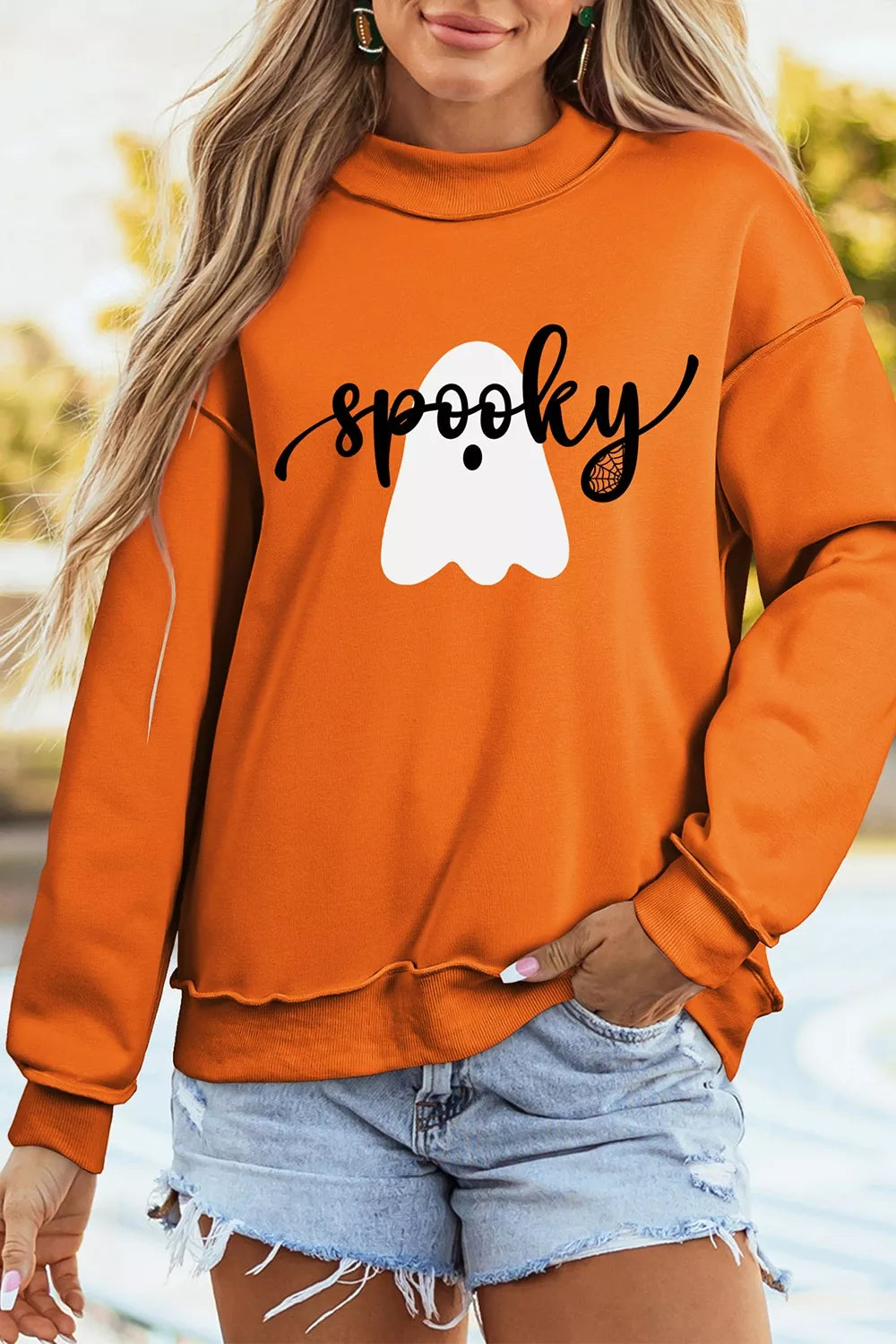 Ghost/ BOO Reversible Print Mock Neck Casual Sweatshirt