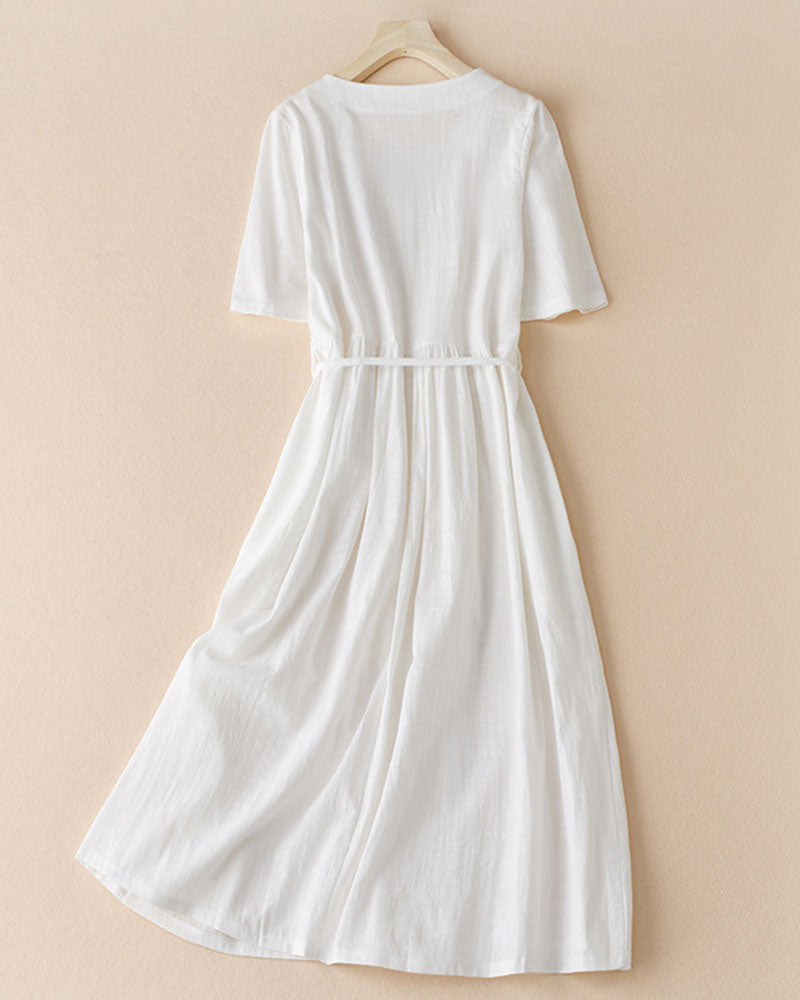 Cotton Linen Round Neck Casual Dress