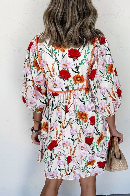 Floral Print 3/4 Puff Sleeve Ricrac Trim Mini Dress
