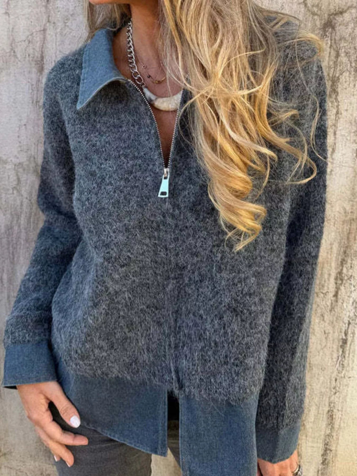 Contrast Denim Collar Half-Zip Knit Sweater