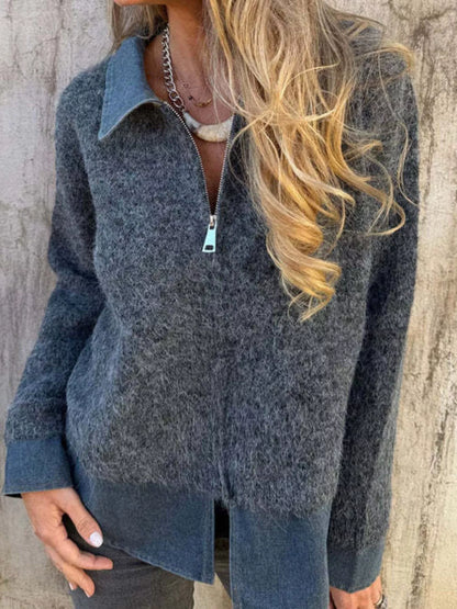 Contrast Denim Collar Half-Zip Knit Sweater