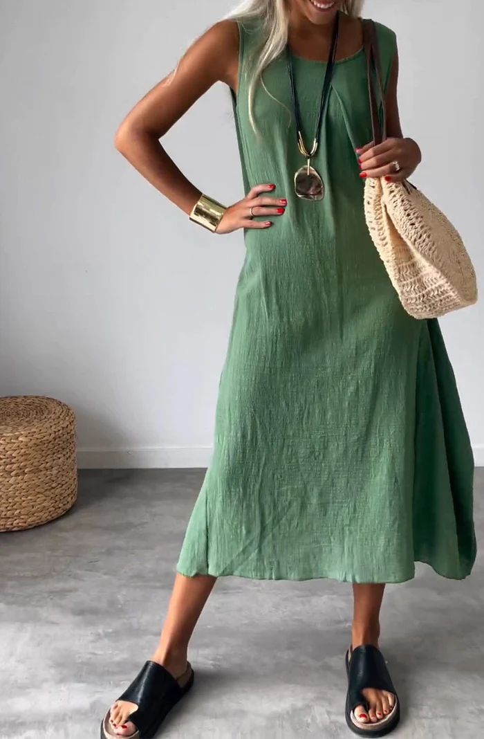 Casual Cotton And Linen Solid Color Pocket Long Sleeveless Dress